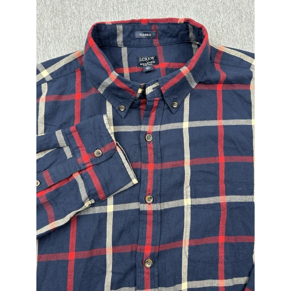 J Crew Brushed Twill Cotton Plaid Shirt Mens XL Blue Red Long Sleeve Button Down